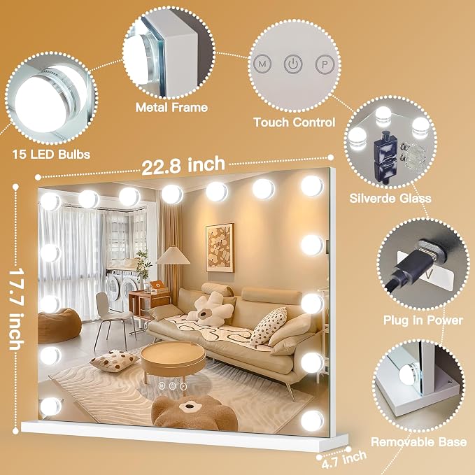 ROLOVE 23"x18" Hollywood Vanity Mirror with Lights, 15 Dimmable LED Bulbs, led Makeup Mirror with 3 Color Modes, Lighted Vanity Mirror for Tabletop or Wall-Mounted
