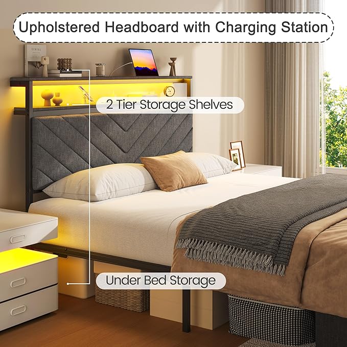 Fluest Full Bed Frame with 2 Drawers, Upholstered Headboard with Storage and Charging Station, LED Lights, Fabric Drawers with Wheels, Under Bed Storage, No Box Spring Needed, Easy Assembly, Grey