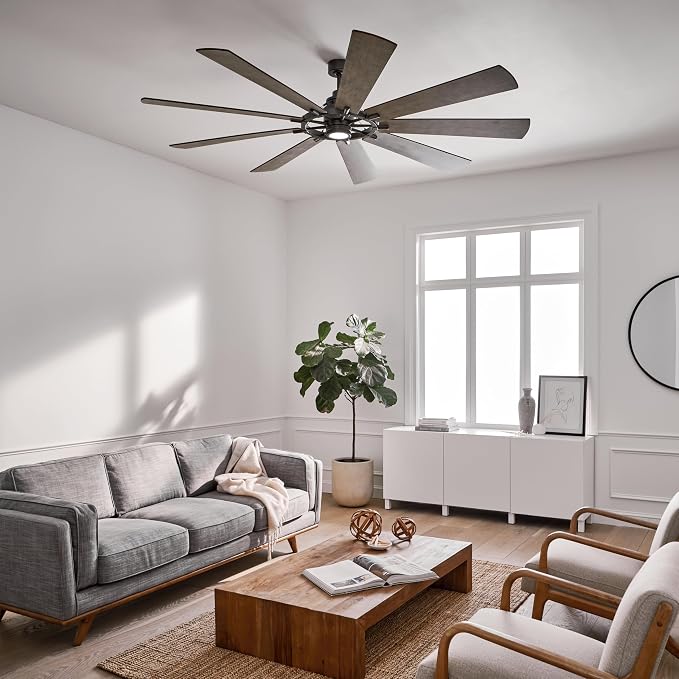 Kichler Gentry 85" Ceiling Fan with LED Light, Anvil Iron | Large DC motor fan with 9 blades and dimmable LED light for expansive indoor rooms, 300285AVI