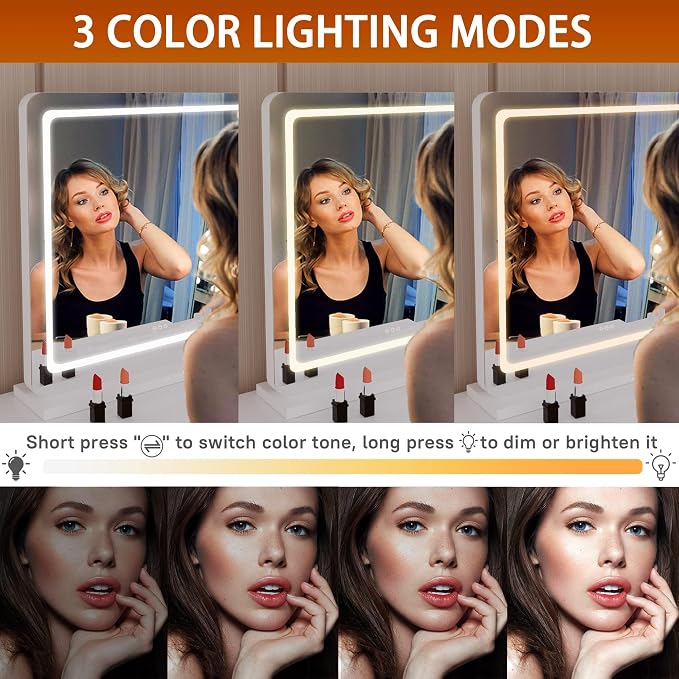 Hasipu Vanity Mirror with Lights, 31.5" x 22.4" LED Makeup Mirror, Lighted Makeup Mirror with Dimmable 3 Modes