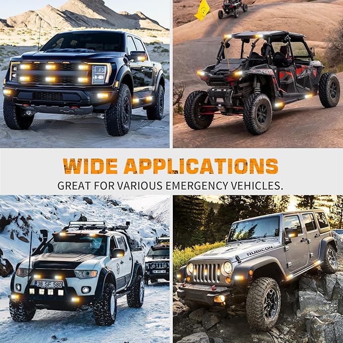 XRIDONSEN 8PCS Sync Truck Grill Lights 32 LED Strobe Lights Amber White Grille Surface Mount Emergency Flashing Warning Safety Hazard Caution Light for Tow Plow Trucks Construction Vehicles Car
