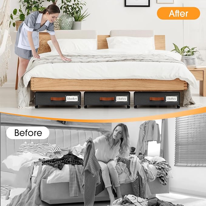 Under Bed Storage with Wheels 3Pack Storage Containers with Clear Window | Under Bed Drawers Rolling Under Bed Storage for Clothes,Shoes, Blankets (30.71 x 16.93 x 6.69 in, Dark Grey)