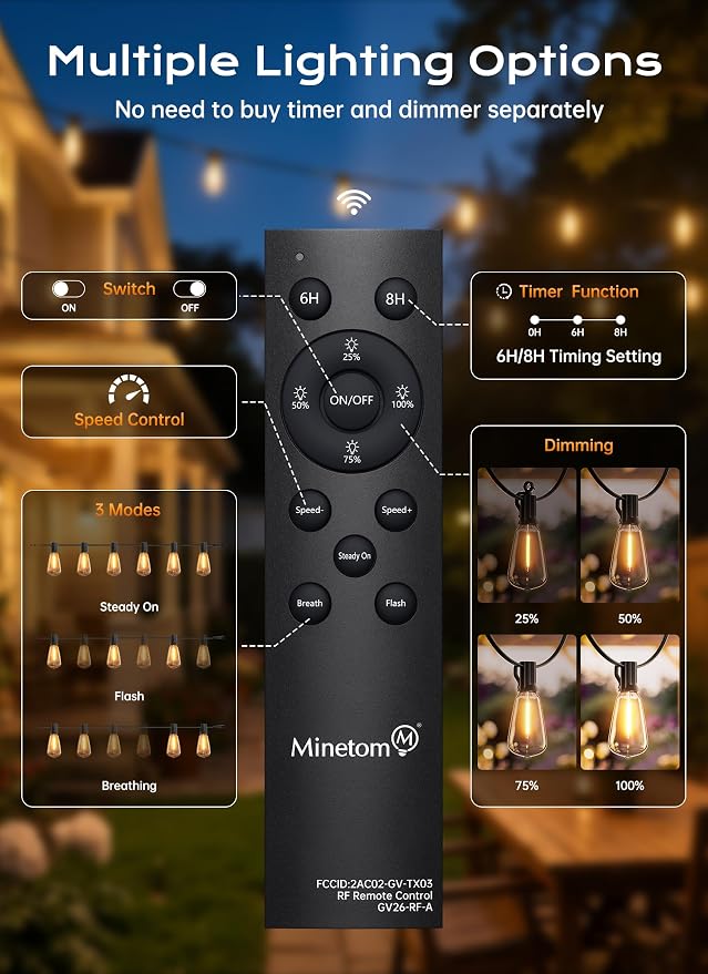 Minetom 55FT Outdoor String Lights with Remote, ST38 Patio Lights Dimmable | Waterproof Connectable LED Christmas Lights with 3 Modes, Shatterproof Outside Lights for Backyard Porch Deck Garden Decor