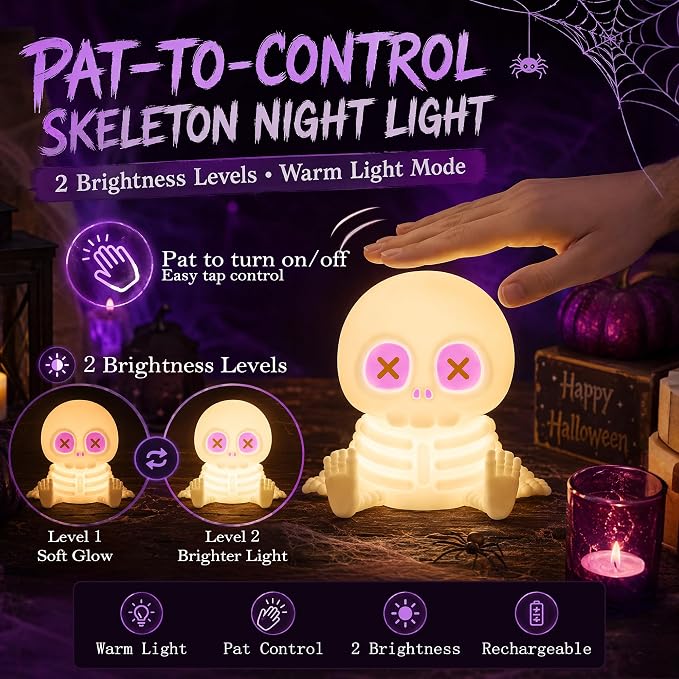 FAMIDUO Skull Night Light, Halloween Decor Gift,8 Colors Kids Skeleton Lamp | Silicone Squishy Safe Toy,Rechargeable Dimmable Touch Bedside Lamp for Nursery,Cool Cute Gothic Decor,Office College Bedroom