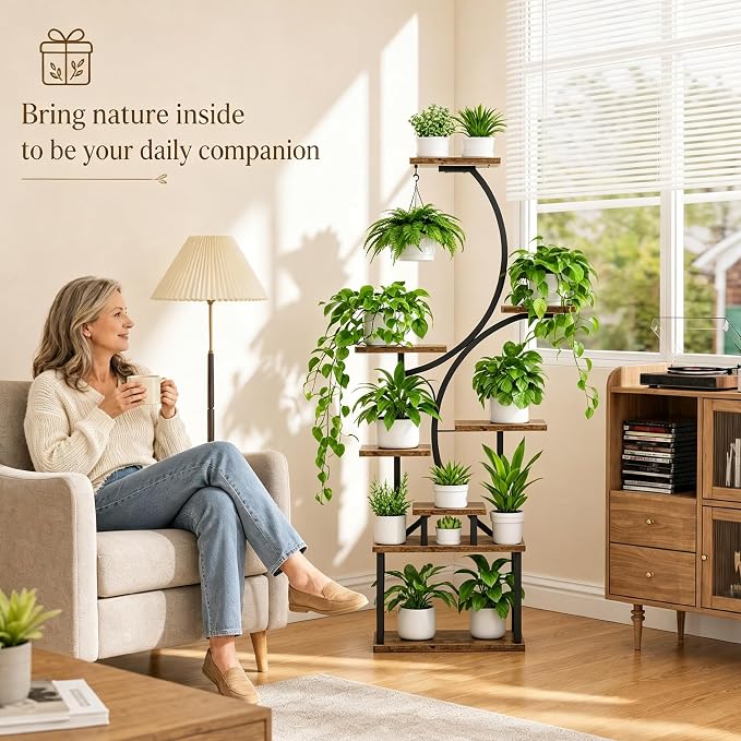 BACEKOLL Plant Stand Indoor with Grow Light, 8 Tier Corner Plant Shelf Tall | 62" Lighted Flower Holder for Plant Multiple, Space-Saving Beautiful Display Growing Rack for Home Patio, Sturdy Metal, Brown