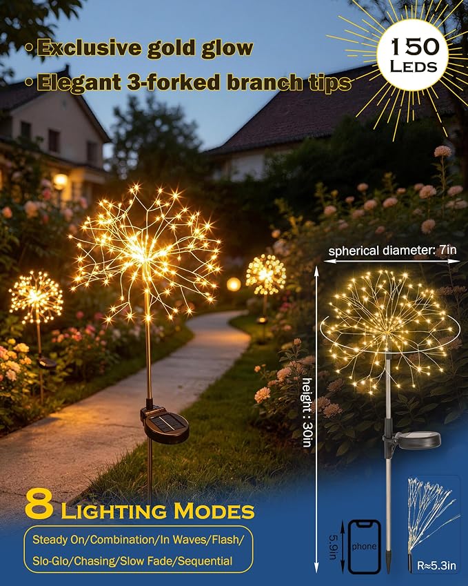 Solar Garden Lights Outdoor Yard Decorations, 4 Pack 150Leds Pathway Light, Fairy Firework Stake Lights for Garden, Patio, Pathway, Flowerbed Gold Color