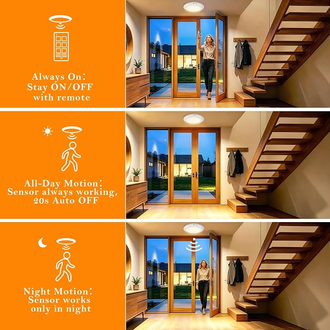 Motion Sensor Ceiling Light Battery Operated with Remote, 2 Pack Wireless Rechargeable Ceiling Lights Indoor, 3CCT Dimmable Closet Night Light for Shower Stairs Shed Hallway Porch RV and Tent