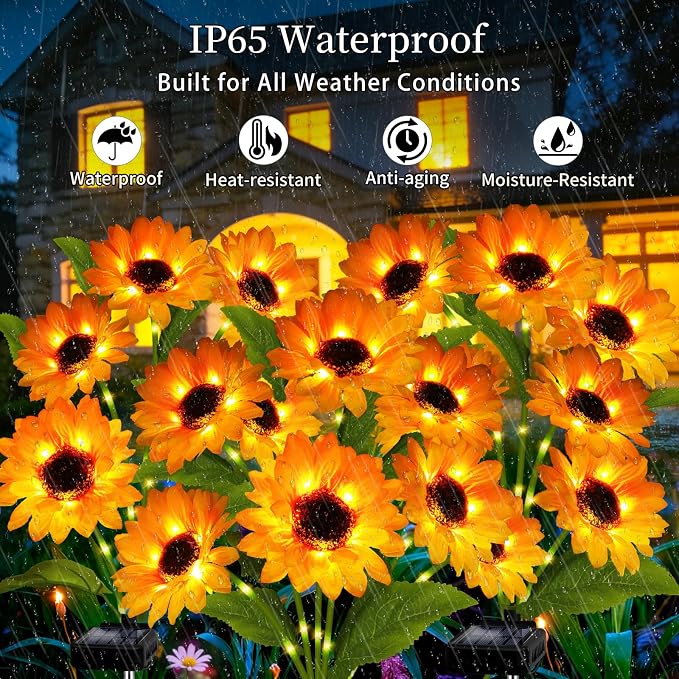 Solar Garden Lights Outdoor, 4 Pack Solar Sunflower Lights with 18 Head 3.5 Inch Flowers, Waterproof Flowers Light Fall Decor Auto ON/Off for Garden Yard Patio Backyard, Gifts for Mom Women