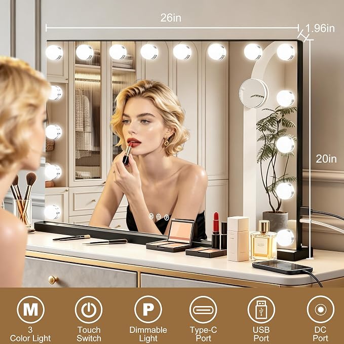 Ratsamee Black Hollywood Vanity Mirror with Lights, 17 Dimmable Bulbs, 3 Color Lights,Make Up Lighted Mirror, Aluminum Metal Frame, USB Charging Port（26" x 20"）