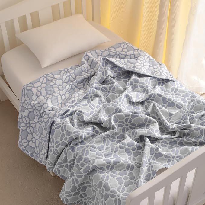 NTBAY 3 Layer Muslin Toddler Blanket, 30 x 40, Blue Clover | Breathable Muslin Cotton Outer Layers with Light Thermal Fill, Reversible for Stroller, Daycare, Travel, and Supervised Use