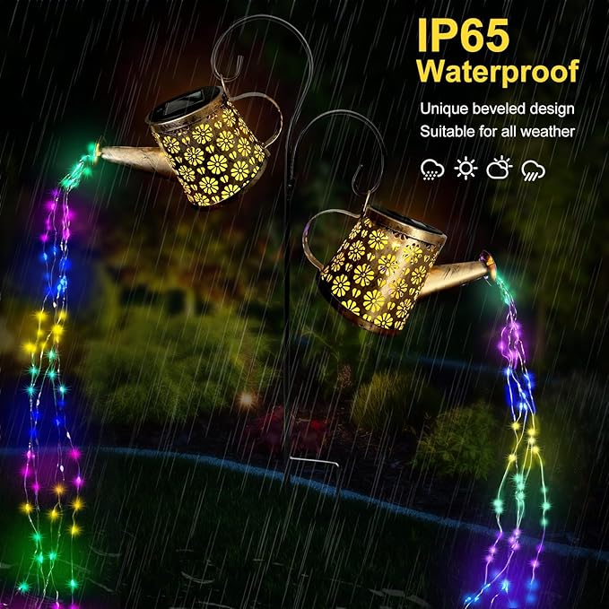 Solar Watering Can Lights Outdoor, IP65 Waterproof Garden Decor Solar Garden Light 8 Multi-Color Changing Modes One Pole Two Lights Outdoor Decorations for Yard, Lawn, Patio