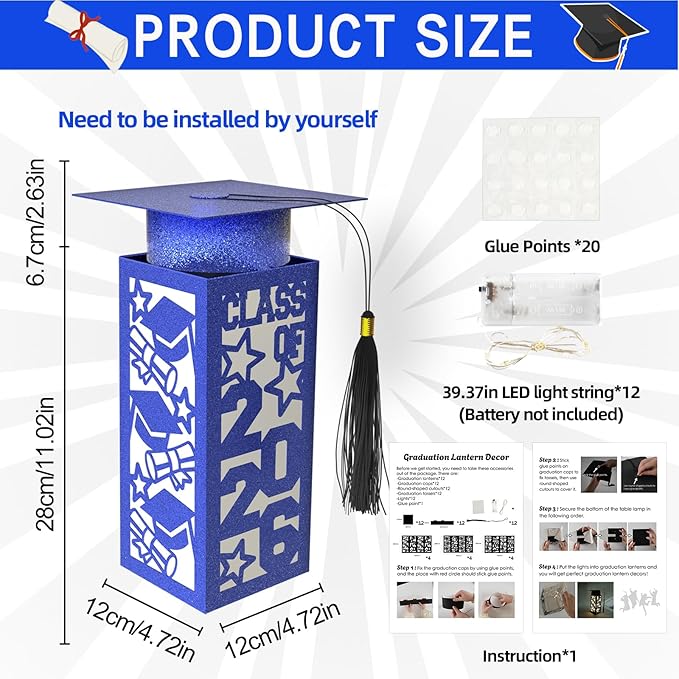 12 Pcs Graduation Table Centerpieces Boxes Class of 2026, Blue Graduation Paper Lanterns Boxes with String Lights Hollow Out for Congrats Grad School College Table Decorations Grad Party Photo Props