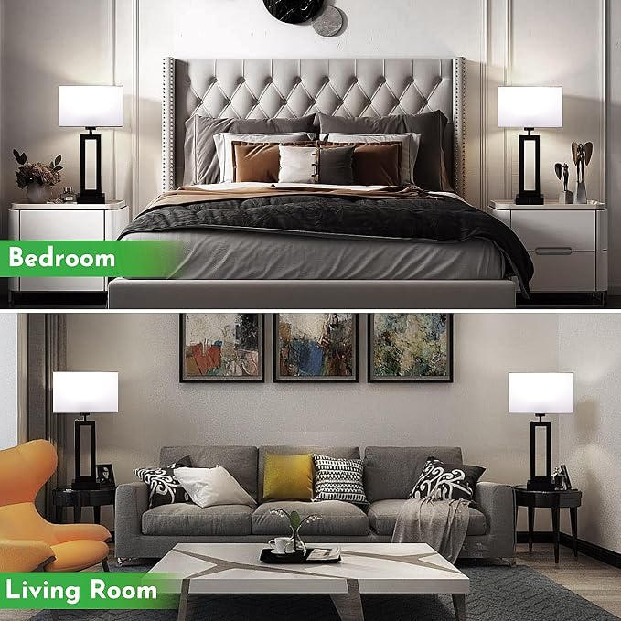 Lamps for Bedrooms - Set of 2 Modern Table Lamps with Touch Control, 3 Way Dimmable, USB C&A Charging, White&Black