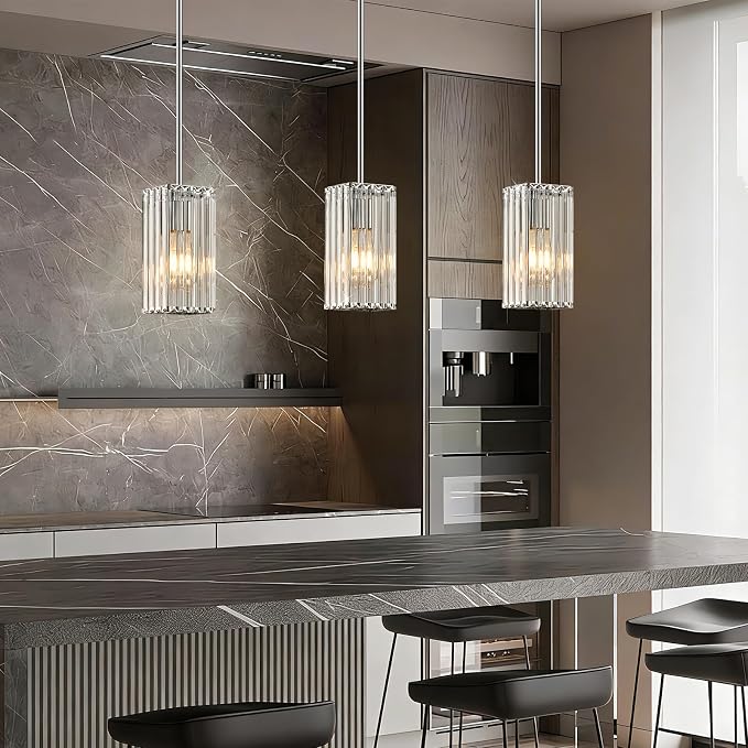 Modern Crystal Pendant Lights Kitchen Island, 2-Pack Chrome Hanging Light with Clear Crystal Shade, Adjustable Height Pendant Lighting for Kitchen Island Dining Room Bedroom Bar Entryway