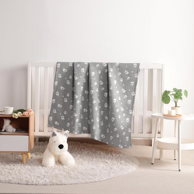 NTBAY 3 Layer Muslin Toddler Blanket, 30 x 40, Dark Grey Elephant | Breathable Muslin Cotton Outer Layers with Light Thermal Fill, Reversible for Stroller, Daycare, Travel, and Supervised Use