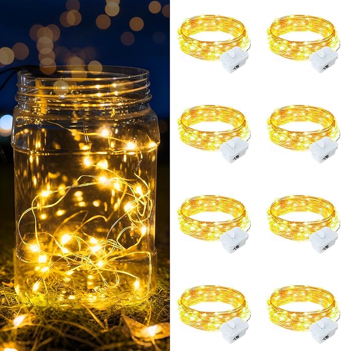 8 Pack Warm White Fairy Lights Battery Operated, 7ft 20 LED Mini String Twinkle Lights for Christmas Halloween Mason Jars Centerpiece Table Decorations (8, Warm White)