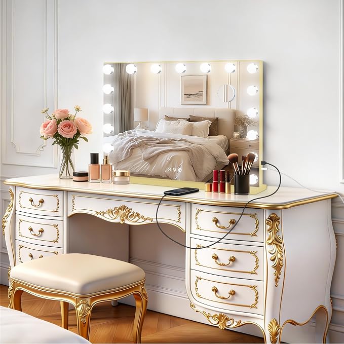 Moonee Vanity Mirror with Lights, Gold Hollywood Lighted Makeup Mirror with 17 Dimmable Bulbs and 10X Magnification, 3 Colors Modes, Aluminum Metal Frame, Light Up Mirror for Tabletop/Wall（28" x 20"）