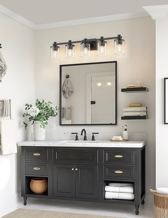 Bathroom Light Fixture, Bathroom Vanity Light Over Mirror, 5-Lights | Vanity Lights for Bathroom, Modern Lighting Fixtures with Clear Glass Shade, Black Vanity Lights, ETL Listed