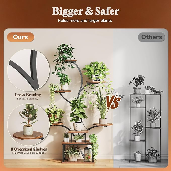 51 Inch Plant Stand with Grow Lights, 8 Tiered Indoor Plant Shelf | Corner Plant Rack with Larger Flower Holder, Curved-tubed Design, 3 Light Modes, for Living Room, Rustic Brown