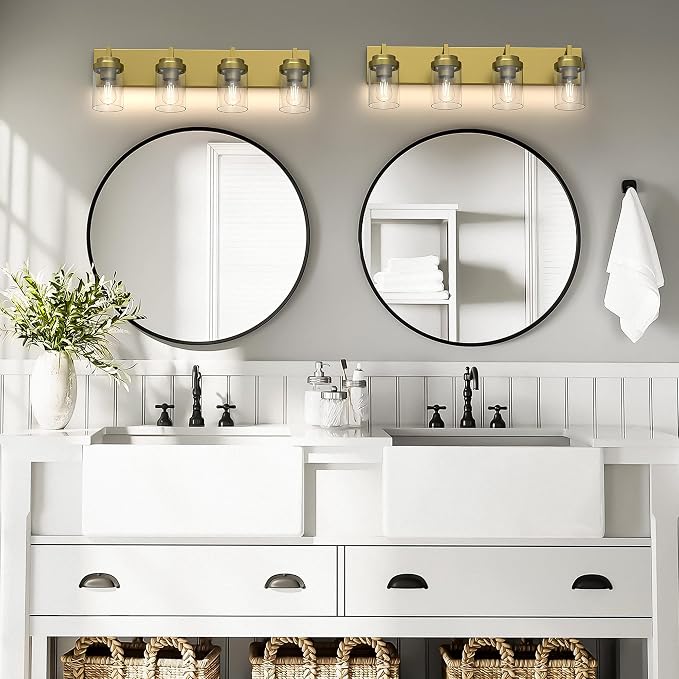 Bathroom Lighting Fixtures, 4-Light Bathroom Vanity Lights Over Mirror, Brass Vanity Light with Glass Shade, Modern Vanity Lighting Fixtures for Bedroom, Hallway