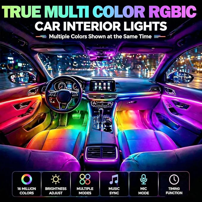 RGB-IC Car LED Interior Strip Lights with Remote Control, Dream Color APP Control Car Inside Ambient Lighting, Multicolor USB Footwell Under Dash Neon Light Kits for Cars,SUVs,ATV,Truck, DC5V
