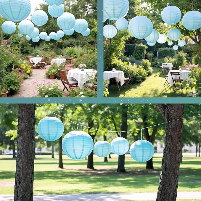 Chinese Paper Lanterns for Birthday Party Decorations – Hanging Rainbow Lanterns for Ceiling Decor, Classroom, Wedding, and Home Party – Pack of 18,Light Blue(8/10/12-Inch)