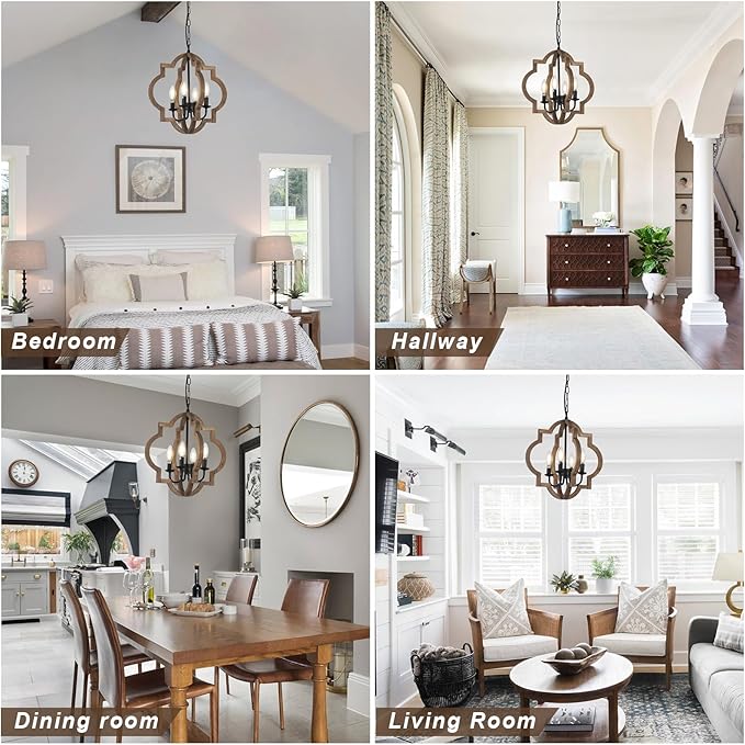 Farmhouse Chandelier Light Fixtures, 4-Light Dining Room Light Fixtures Over Table, Solid Wood Chandeliers for Dining Room, 15.7“ Brown Rustic Chandeliers for Living Room Kitchen Island Bedroom Foyer