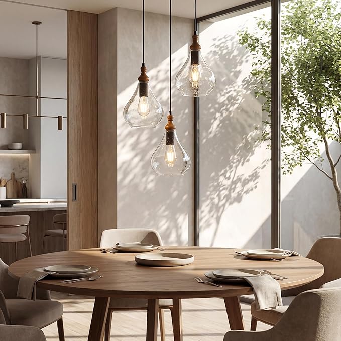 Farmhouse Teardrop Pendant Light for Kitchen Island, Brown Pine Wood and Seeded Glass Shade Hanging Light Fixture, Adjustable Cord, Rustic Dining Room, Coffee Shop and Bar Pendant Lighting (3 Packs)