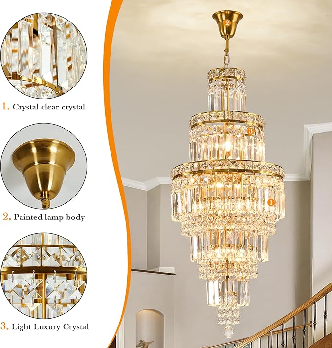 YYJLX Modern Crystal Chandelier 8 Light Long Chandelier for High Ceiling Luxury Gold Hanging Pendant Light for Dining Room Living Room Staircase Foyer Entryway