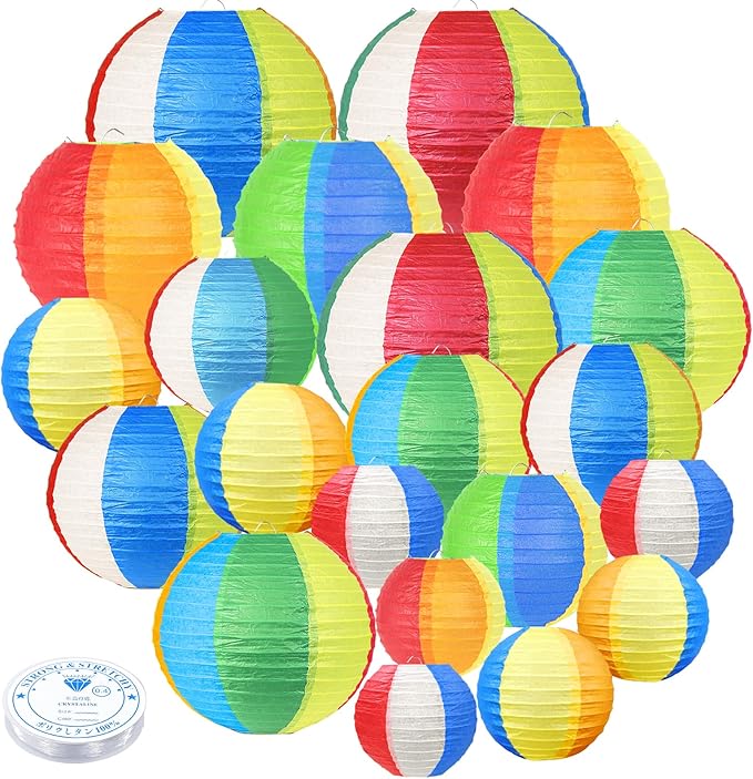 21Pcs Beach Ball Paper Lanterns Summer Luau Themed Hanging Decor - 4/6/8/10 Inch Multicolor Pool Party Decor for Outdoor Indoor Classroom Beach Birthday Party Supplies