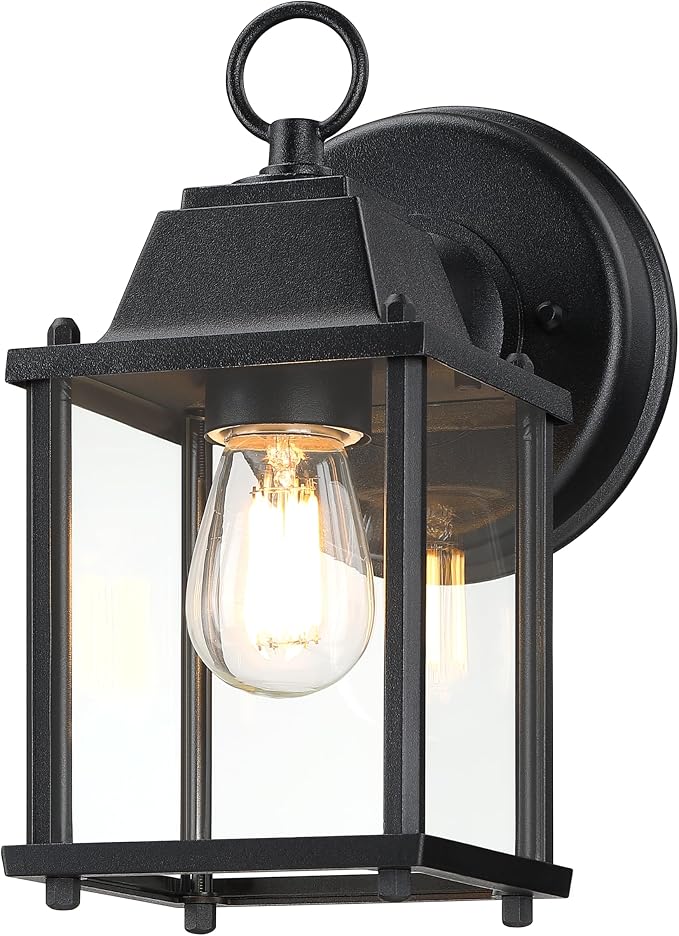 Outdoor Wall Light Fixture, Rustproof Aluminum, Clear Glass | Exterior Porch Light Wall Sconce Lantern for House, Patio, Garage, Waterproof, E26 Socket 60W Max, Black, 1 Pack