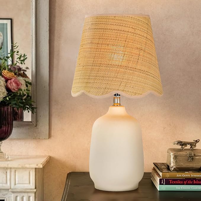 19" Modern Ceramic Table Lamp for Living Room Cream Base Desk Lamps for Bedroom Farmhouse Bedside Nightstand Lamp End Table Lamps,Beige,Rattan Shade