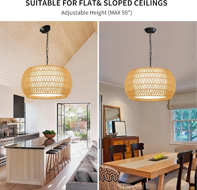 Farmhouse Chandelier Light Fixture,Rattan Boho Chandeliers for Dining Room,Large Pendant Lights Kitchen Island Hanging Light Fixtures Wicker Chandeliers for Bedroom Living Room Kitchen Nursery