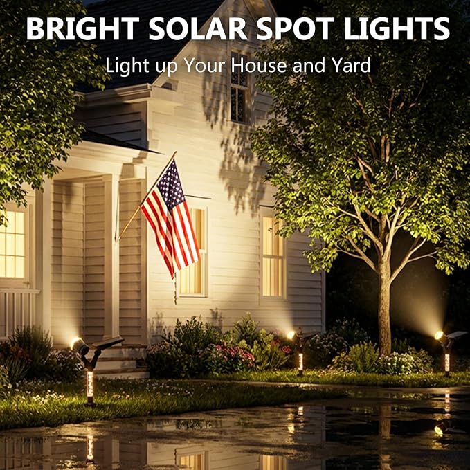 DenicMic Solar Spot Lights Outdoor Waterproof 3000K Lens LED Spotlights | Adjustable Angel Long Range Solar Lights Outdoor for Yard Garden Patio Wall Tree Landscape, Acrylic Lighted Pole, 4 Pack