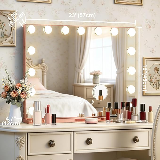Ratsamee Rose Gold Hollywood Vanity Mirror with Lights, 15 Dimmable Bulbs, 3 Color Lights,Make Up Lighted Mirror, Aluminum Metal Frame, USB Charging Port（23" x 18"）