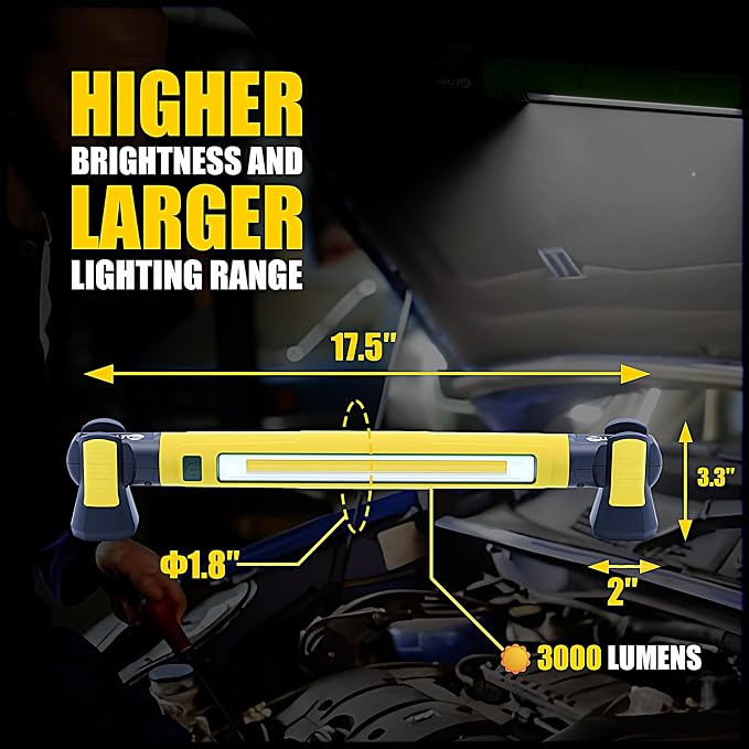 Magnetic Work Light - 3000LM Rechargeable LED Work Light Bar, 5200mAh Under Hood Mechanic Light for Garage, Workshop, Vehicle Inspection (1 Pack, Yellow)