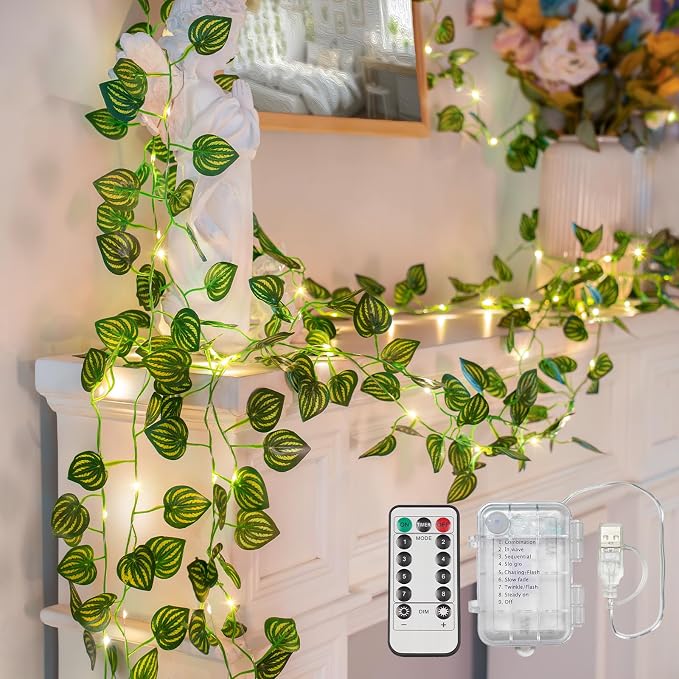 33FT Watermelon Vines with Lights Battery&USB Powered Copper Wire | 100Led Leaves String Lights with Remote,Artificial Plants for Indoor, Bedroom,Wall,Party Tropical,Dorm Decor(Warm White)