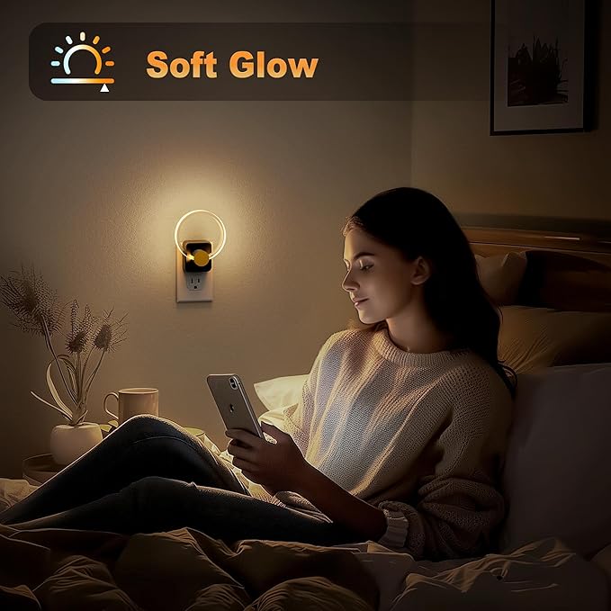 JandCase Night Light, Color Changing Night Lights Plug into Wall, 1 Pack | RGB Nightlight with Light Sensor, 180° Rotatable Plug in Nightlights, Dimmable Ring Acrylic Night Light for Kids Gift Hallway