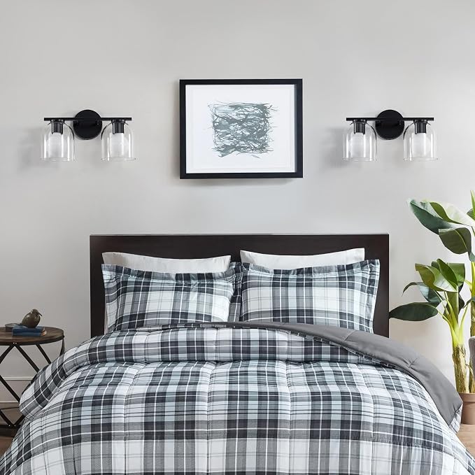 WOSHITU Bathroom Vanity Light Fixtures: 14.2 Inch Modern Black Vanity Lighting Fixtures Over Mirror with Clear Glass Shade, Matte Black 2 Light Fixtures for Bathroom Above Mirror, Wall Mount Sconces