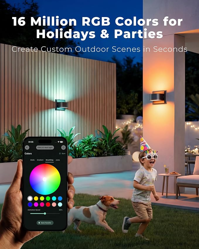 Outdoor Wall Lights, Smart RGB Color Changing Porch Lights with App Control, Hardwired Exterior Wall Sconces, Dimmable, Timer & Schedule, IP65 Waterproof for Front Door Garage Patio, 2 Pack