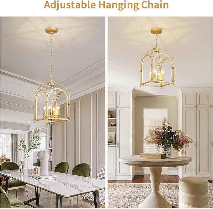 4-Light Gold Chandelier, Modern Farmhouse Lantern Chandelier with Rustic Cage Hanging Pendant Light Fixture for Kitchen Island Bedroom Living Room Entryway Foyer, Dining Room Light Fixtures Over Table
