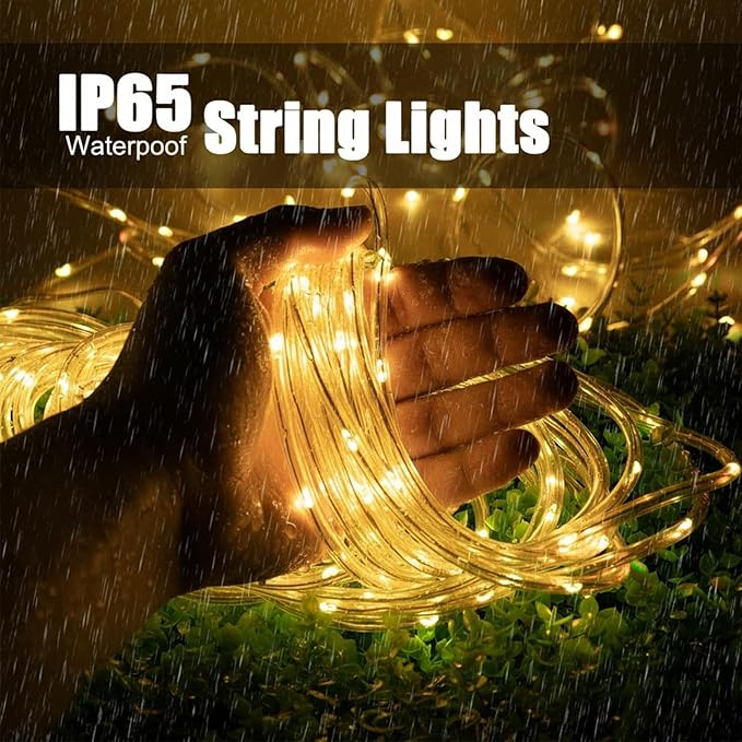 Solar Rope Lights Outdoor Waterproof, 39FT 100 LED Tube Lights with 8 Modes, Solar Powered String Lights for Garden Patio Yard Trees Fence Party Decor, Warm White