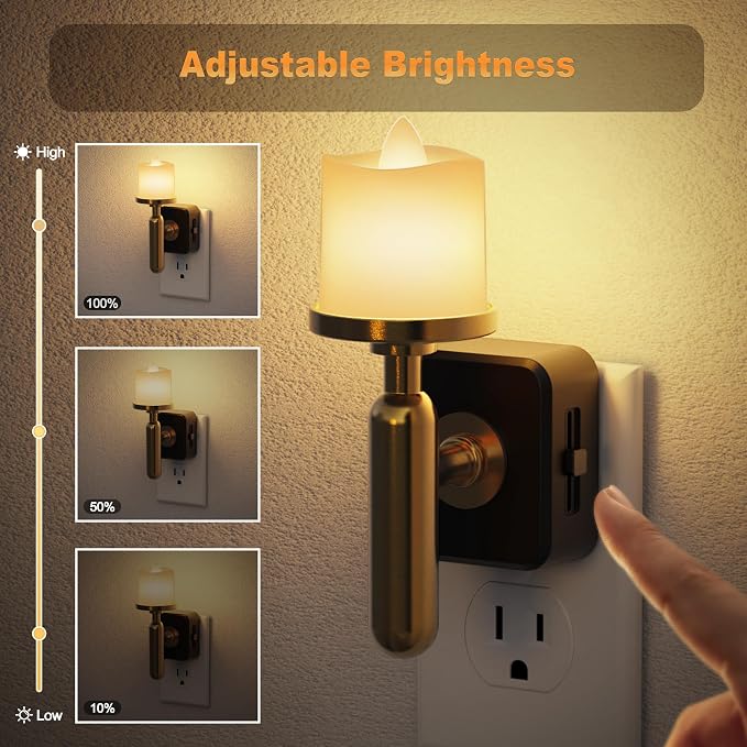 JandCase Candle Night Light, 2 Pack Night Lights Plug into Wall | 3000K Soft White, 0-100LM Adjustable Brightness, Dusk to Dawn Sensor NIghtlight, Dinning Room, Living Room, Bathroom, Hallway
