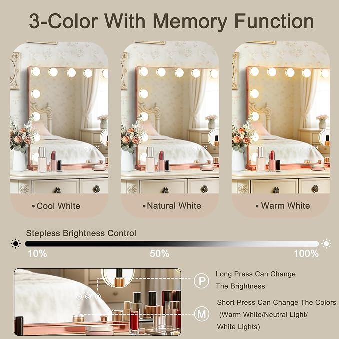 Ratsamee Rose Gold Hollywood Vanity Mirror with Lights, 15 Dimmable Bulbs, 3 Color Lights,Make Up Lighted Mirror, Aluminum Metal Frame, USB Charging Port（23" x 18"）
