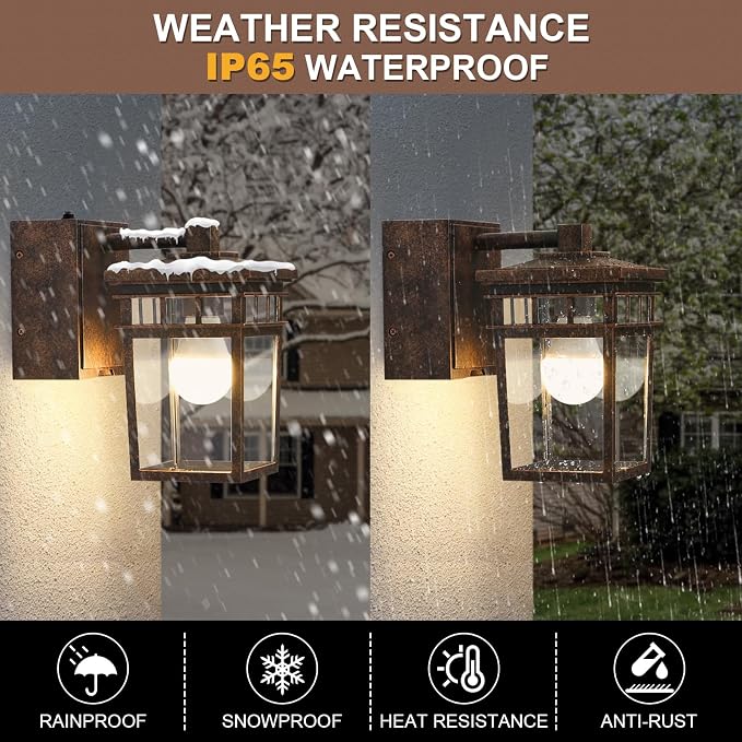 Dusk to Dawn Outdoor Lighting, Porch Light with GFCI Outlet and LED Bulb | Exterior Wall Fixture with Clear Glass Shade, Waterproof Outside Lights for House Garage Front Door, Antique Bronze