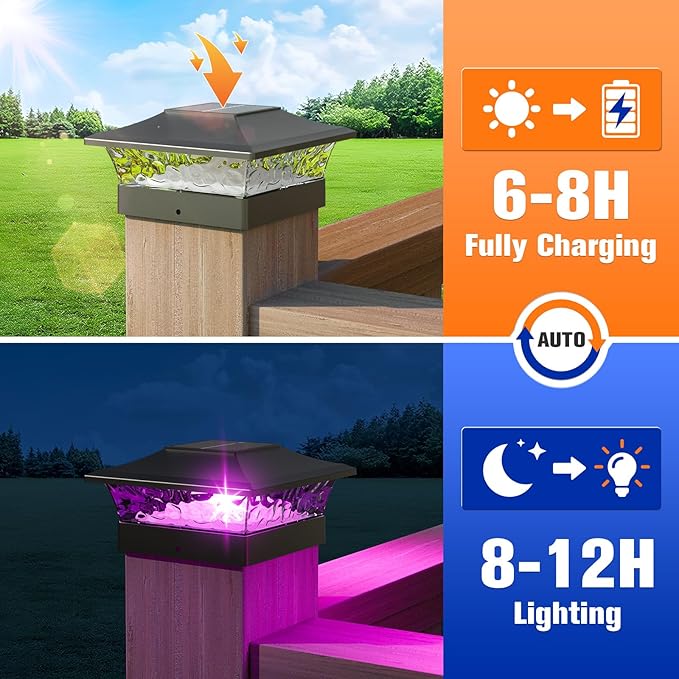 APONUO Solar Post Cap Lights with 8 RGB Solid Colors & Multicolor Flow - 16 Pack 6x6 Post Cap Solar Light, IP65 Waterproof - Fits 4x4 5x5 6x6 Wood & Vinyl Posts - Black
