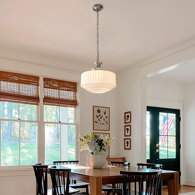 Vintage Milk Glass Pendant Lights, 13.8" White Pleated Glass Chandelier, Schoolhouse Antique Pendant Lights, for Kitchen Island Lighting, Hallway, Bedroom, Dining Room, Foyer, E26 Bulb Included
