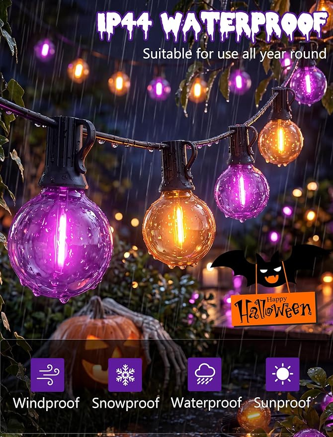 25FT G40 LED Outdoor Halloween String Lights, Orange and Purple Halloween Decorations Lights with 27 Shatterproof Globe Bulbs(2 Spare), Hanging Patio Lights for Holiday Balcony Backyard Party Garden