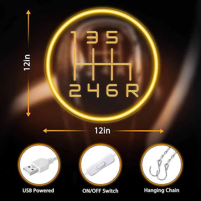 Kavaas Gear Shift Neon Sign, 3D Engraved Manual Transmission Lever Neon Sign for Garage Decor | LED Garage Signs for Car Room Decor, Auto Repair Workshop, Man Cave - Best Gifts for Dad, Car Enthusiast (GS2G)