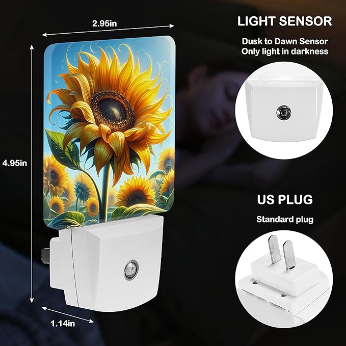 LED Night Light Lamp with Smart Sensor Dusk to Dawn Sensor,Large Vivid Sunflower with Curve Petal Surrounded By Other Sunflower Under Blue Sky Night Light Daylight White,0.5W Plug-into Wall
